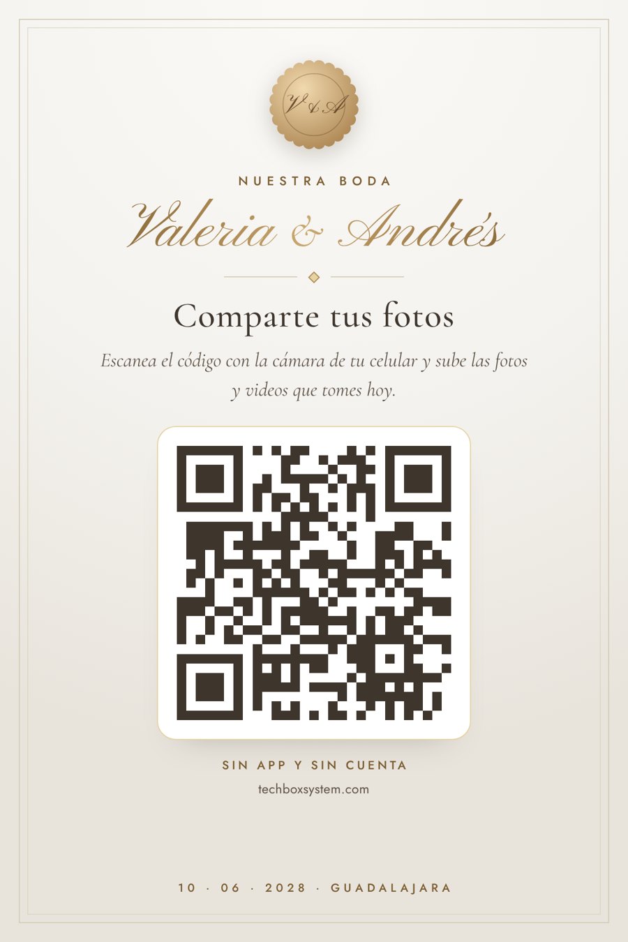 Tarjeta de ejemplo para mesa con código QR para subir fotos
