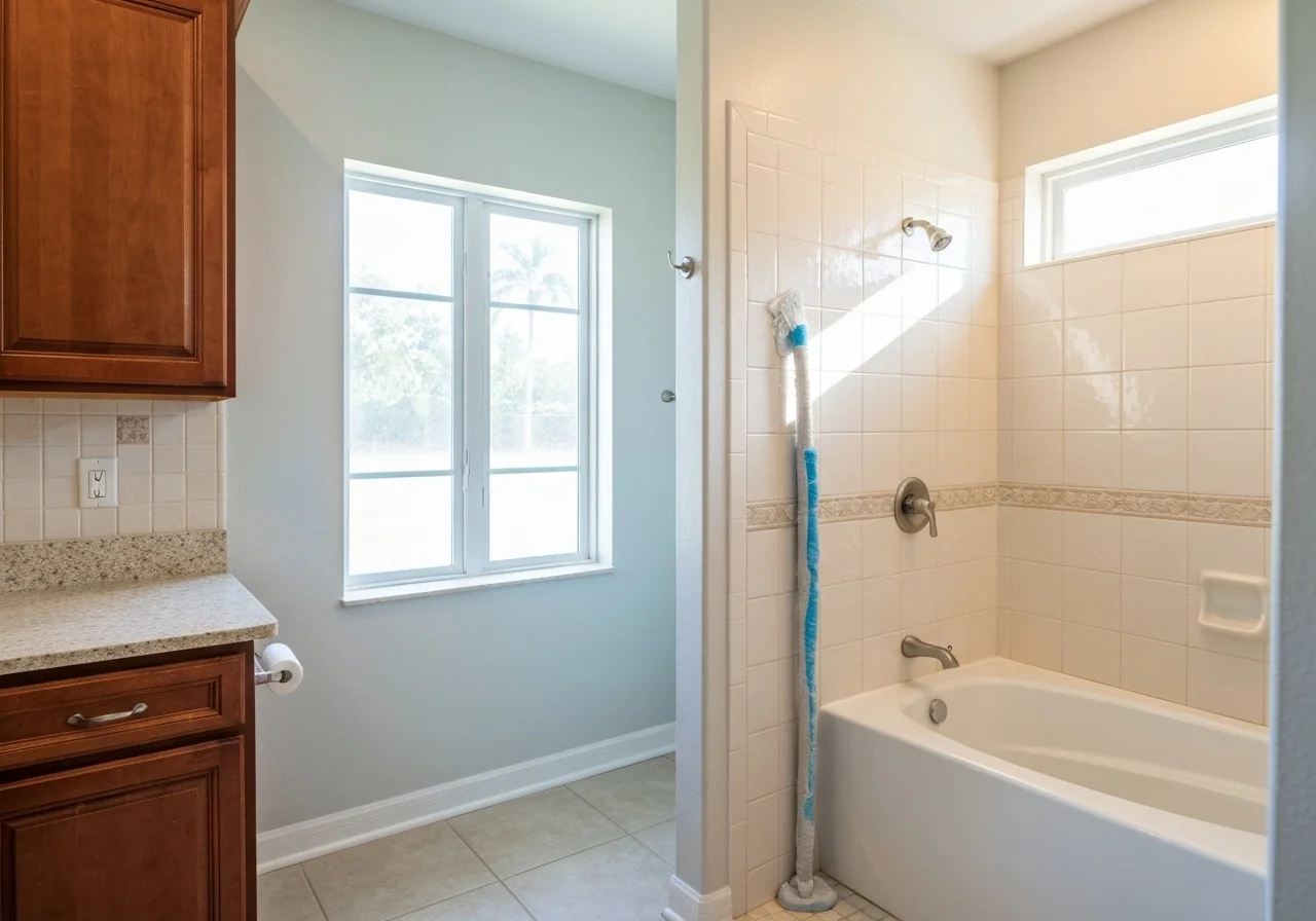 Bright bathroom with bathtub, tiled shower walls, and large window