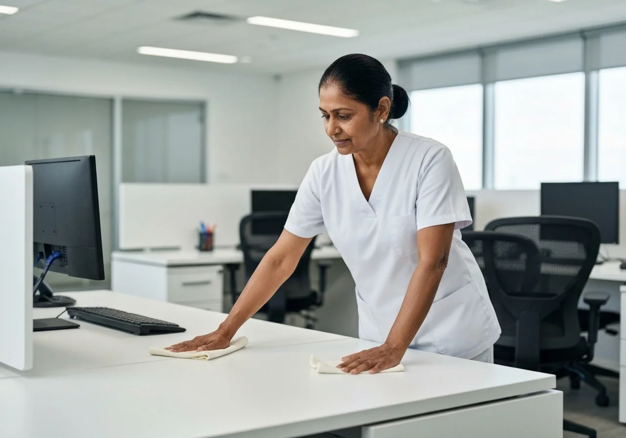 Cleaner wiping a white office desk in a modern workspace