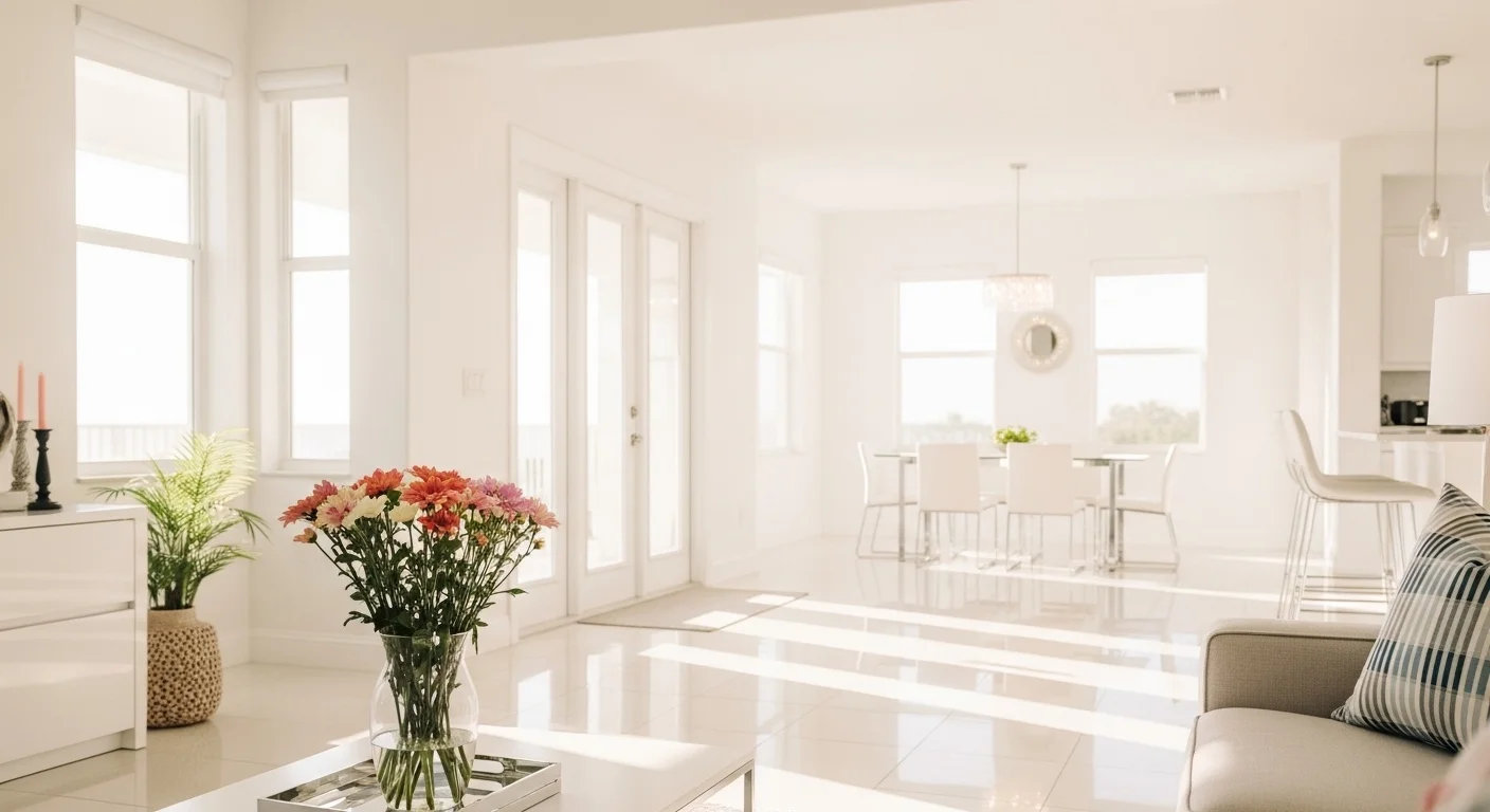 Bright modern living room with flowers, large windows, and glossy floors