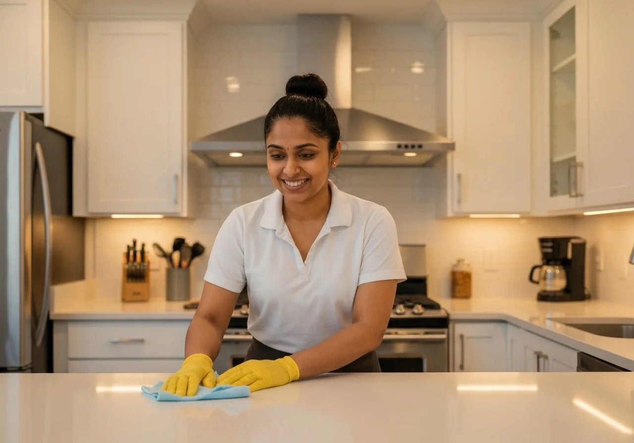 Cleaner wiping a kitchen countertop in a bright modern kitchen