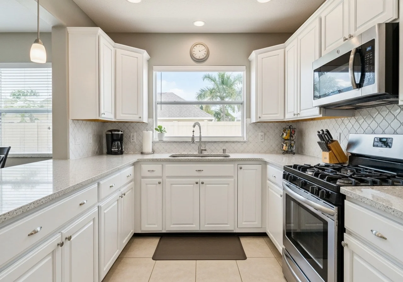 Clean white kitchen with cabinets, appliances, and a window view