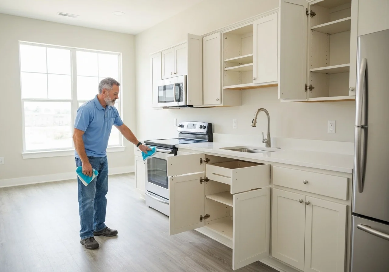 Person wiping inside kitchen cabinets in a bright vacant home