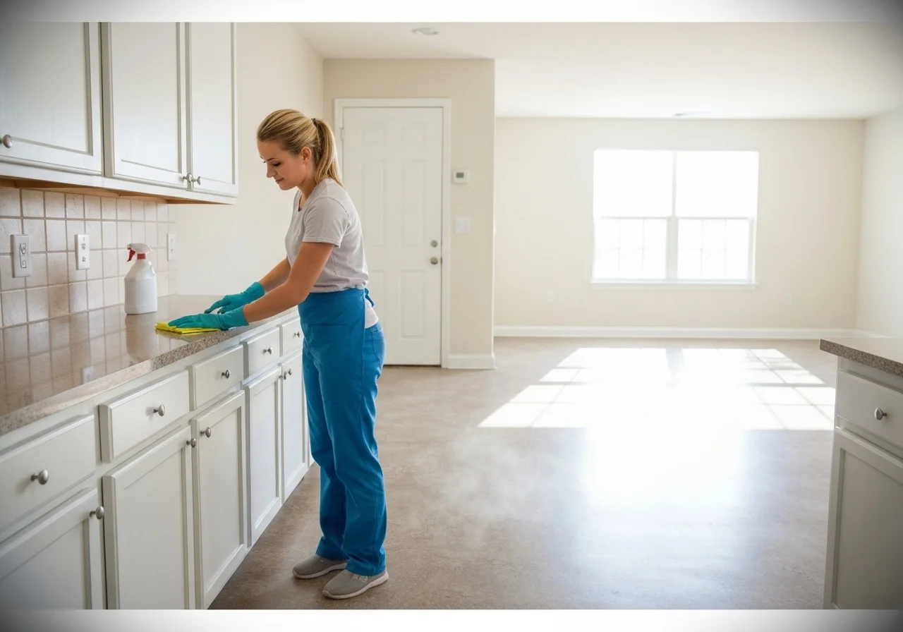 Cleaning professional wiping kitchen surfaces inside an empty residential property