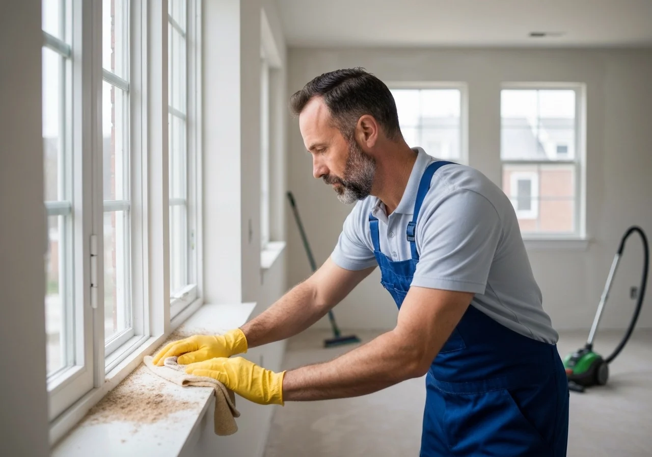 Worker wiping dust buildup from an interior window ledge residential property