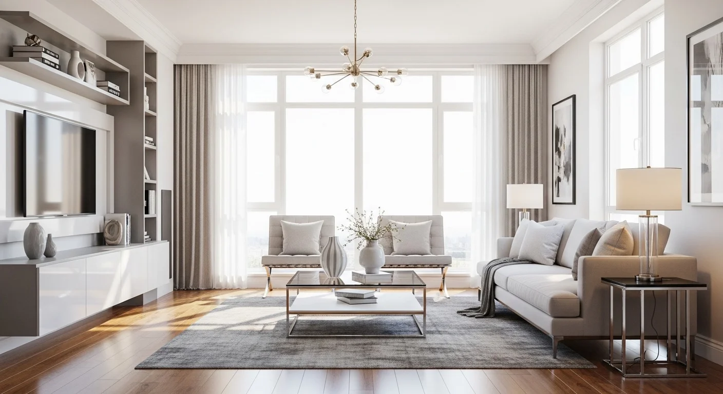 Elegant living room with large windows, sofa, and coffee table