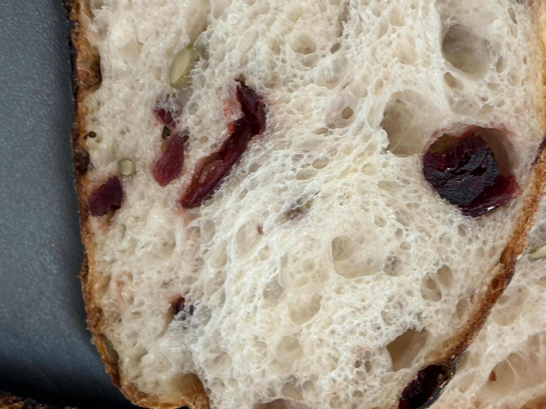 Close up of the Cranberry sourdough crumb, open and airy with whole cranberries and pumpkin seeds through it