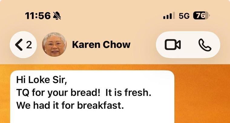 WhatsApp message from Karen Chow saying the bread was fresh at breakfast