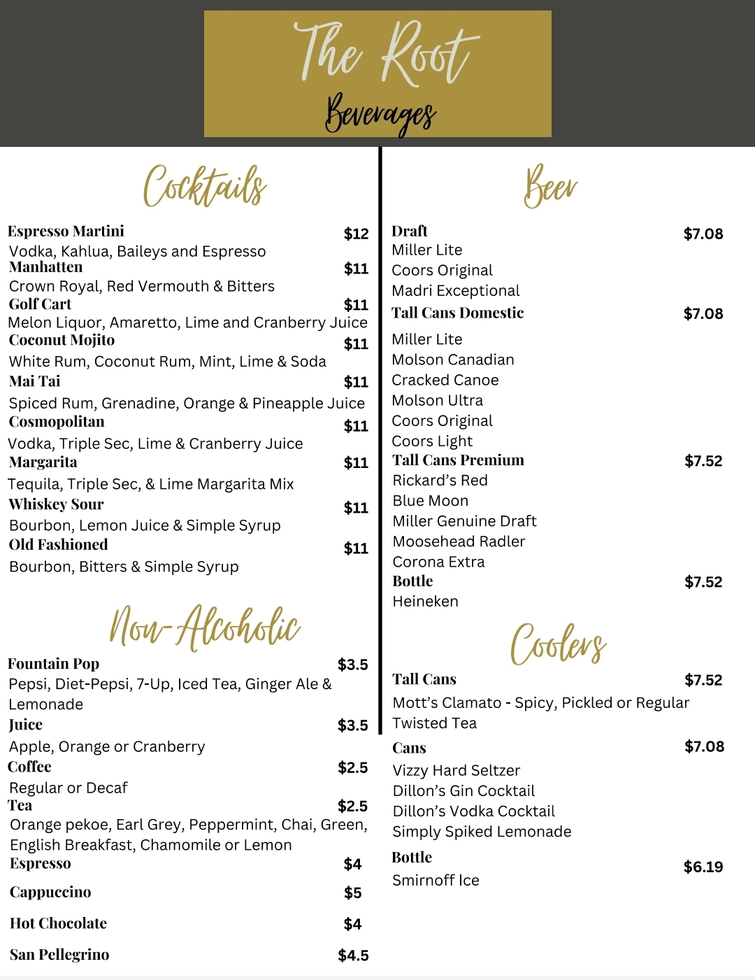 Sault Ontario Beverage Menu