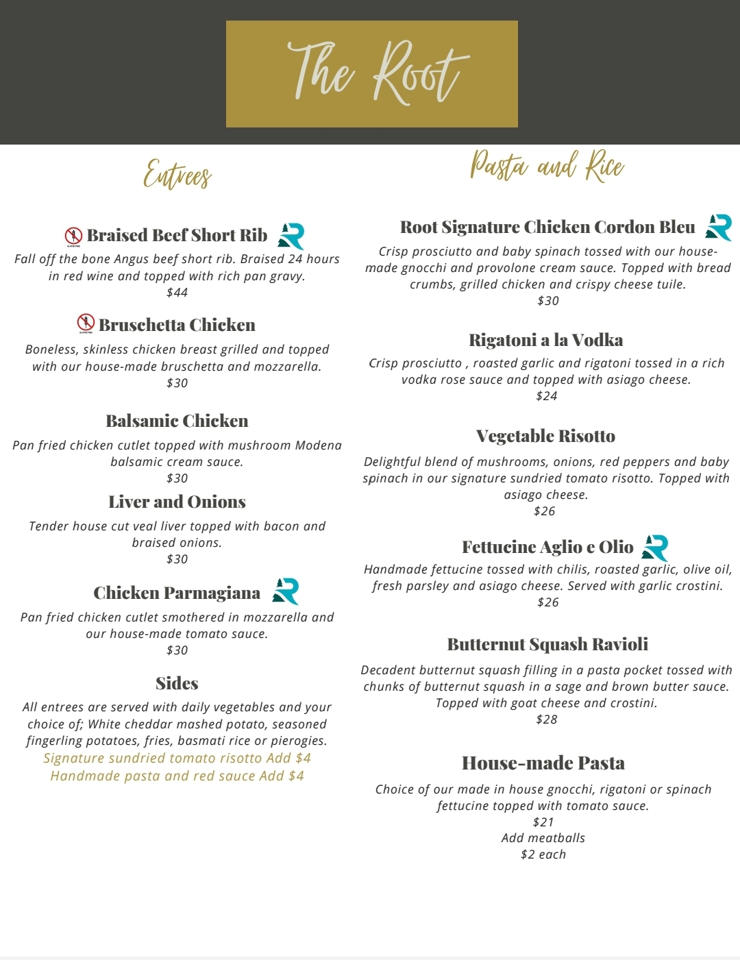 Sault Ontario entree, pasta & rice menu