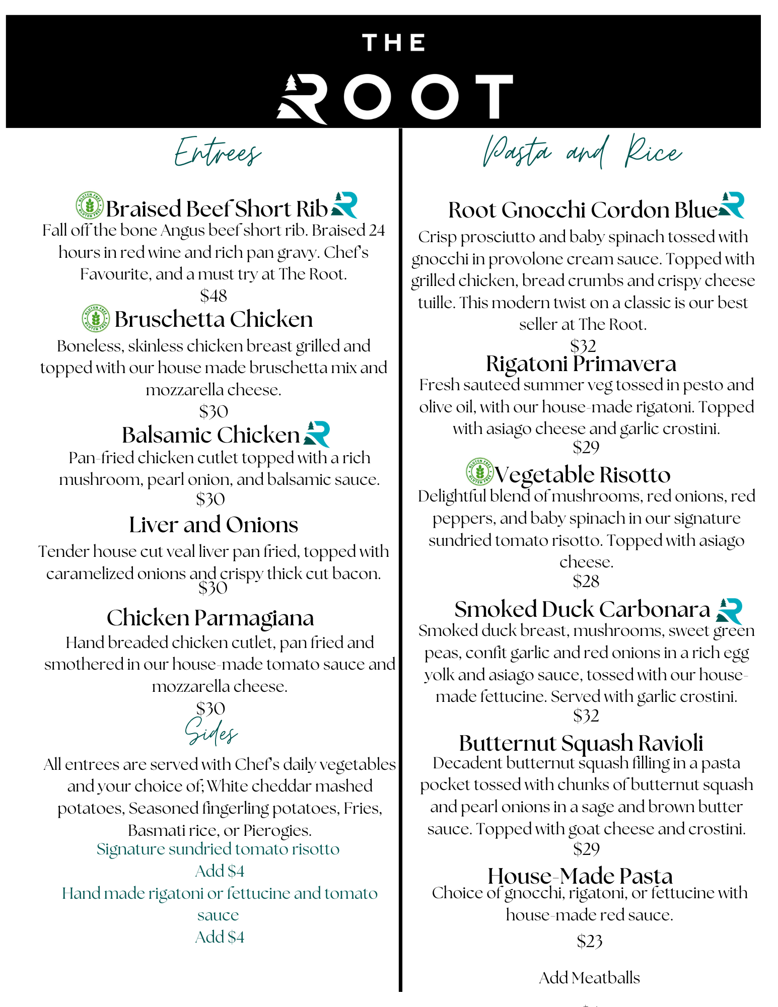 Sault Ontario entree, pasta & rice menu
