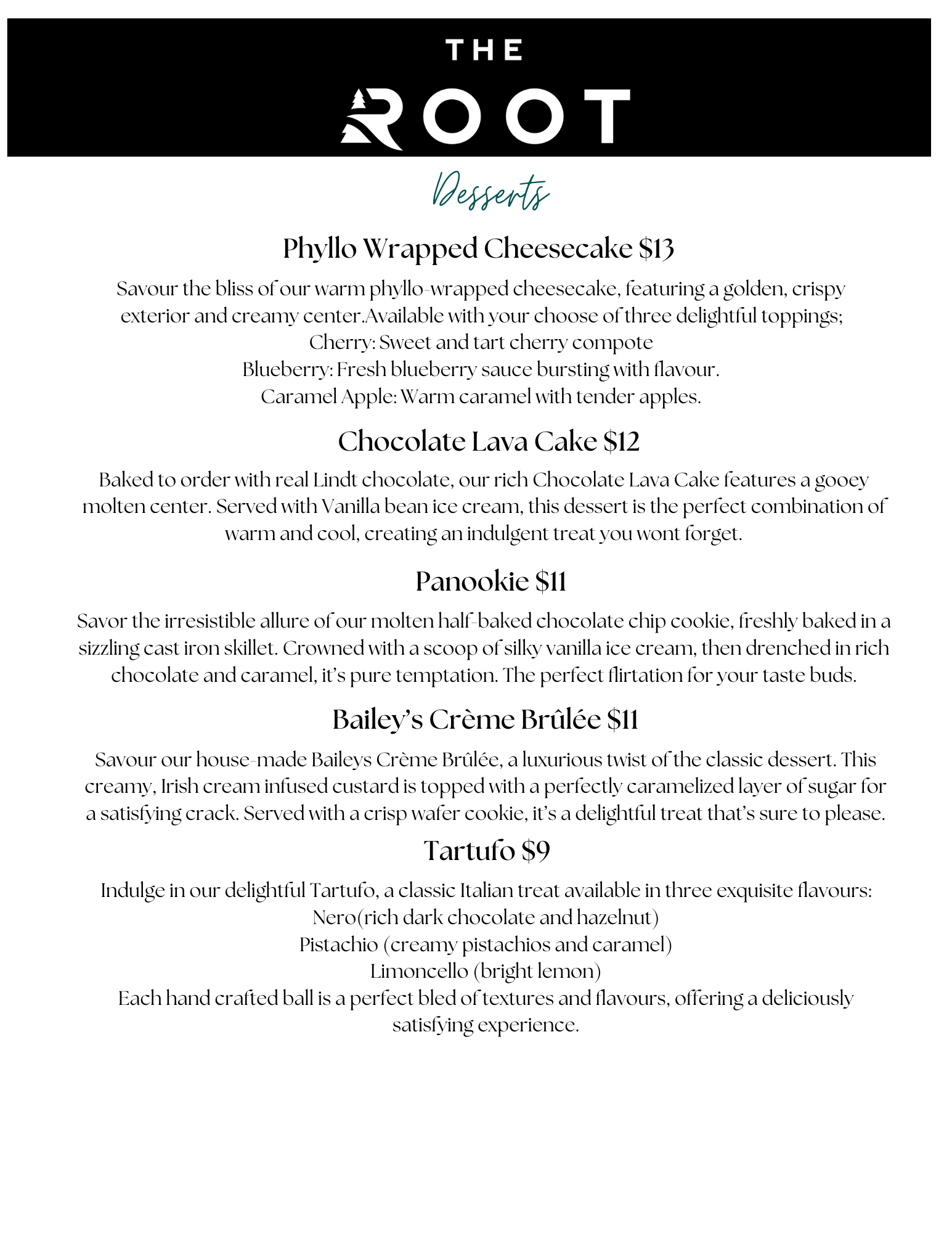 Sault Ontario Dessert Menu
