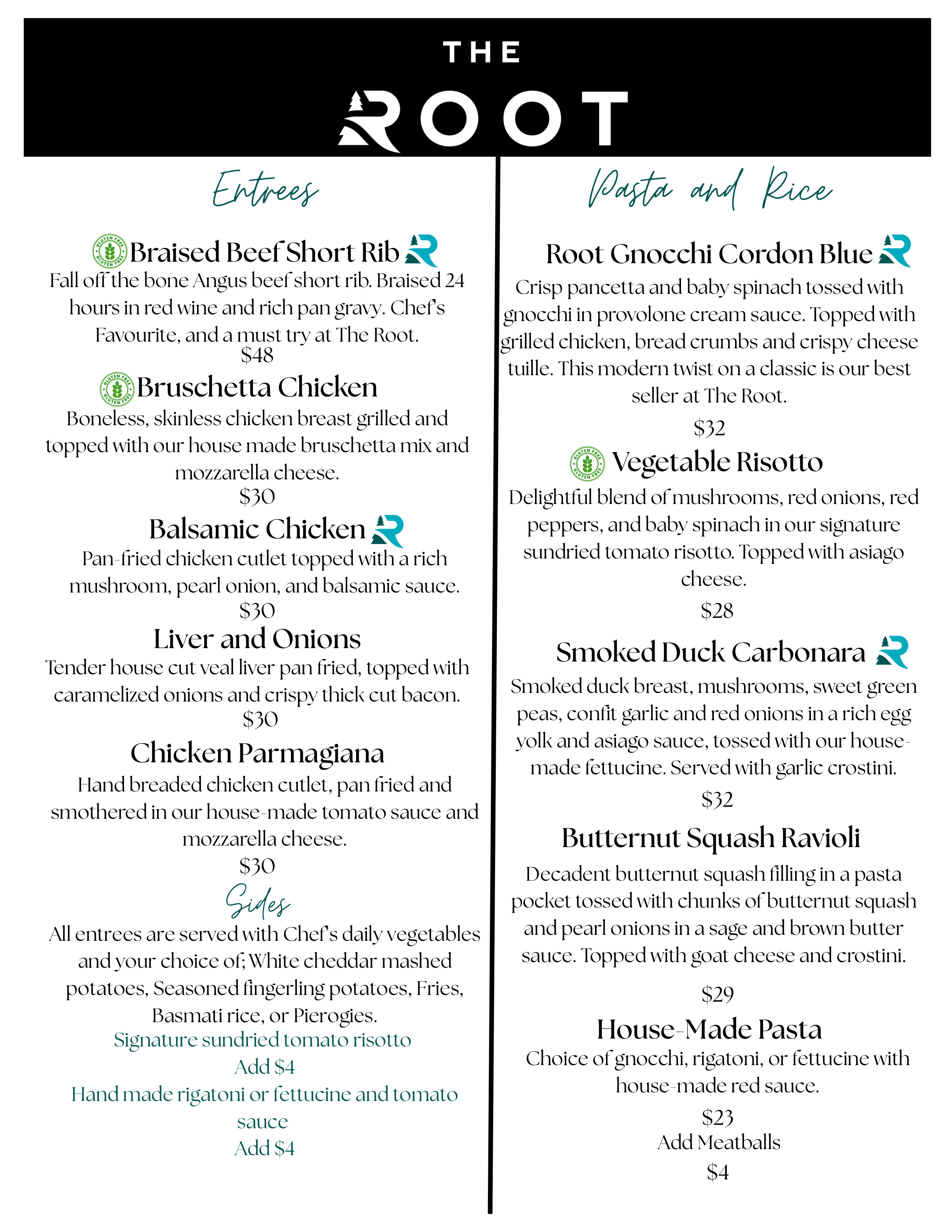 Sault Ontario entree, pasta & rice menu