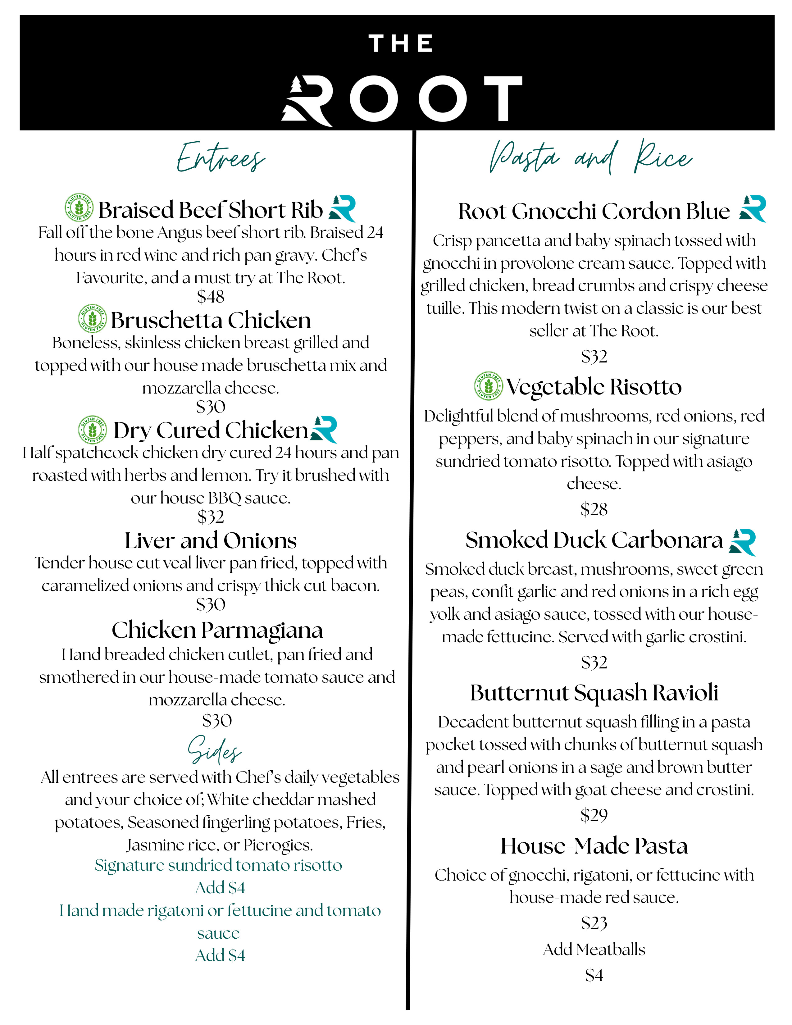 Sault Ontario entree, pasta & rice menu