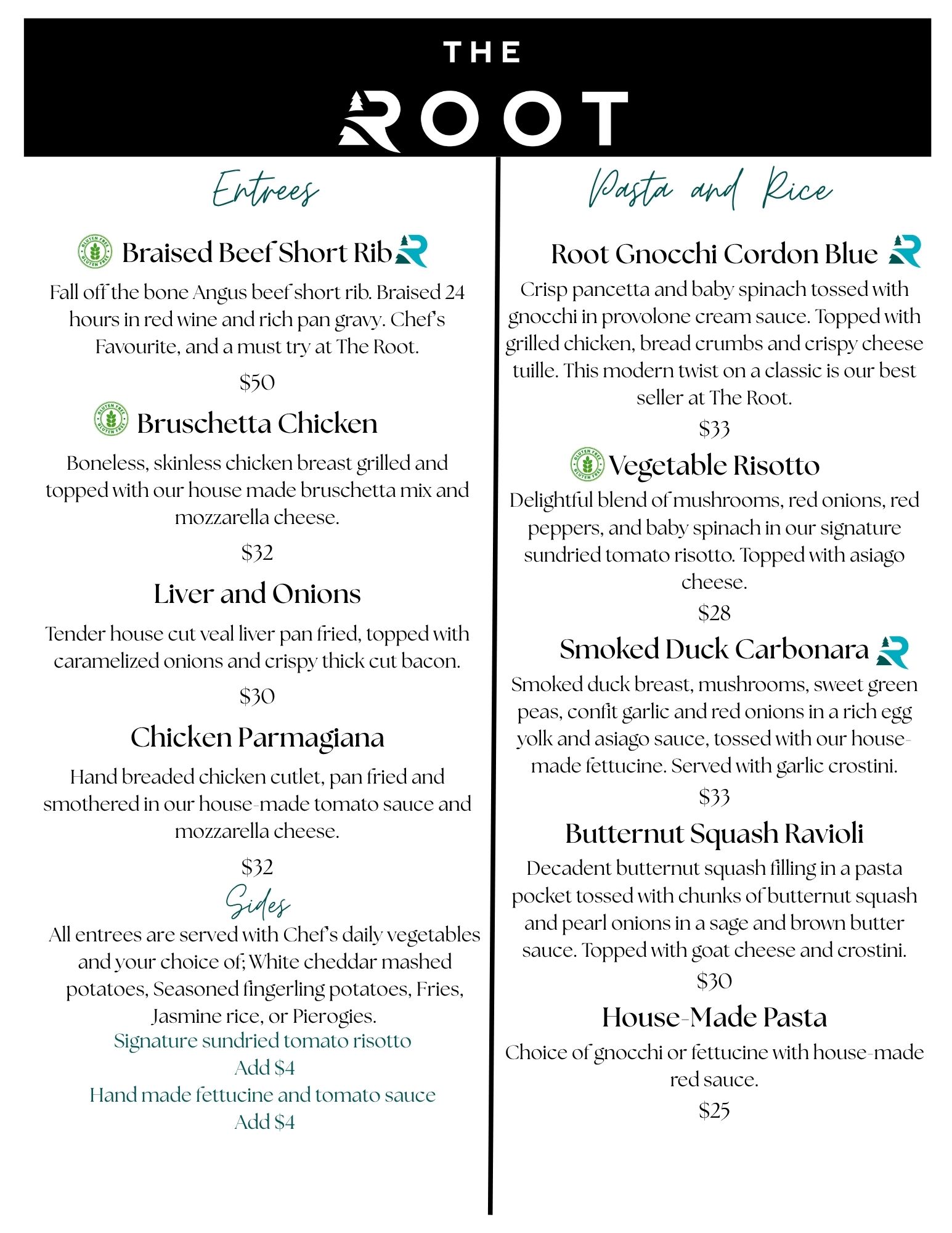 Sault Ontario entree, pasta & rice menu