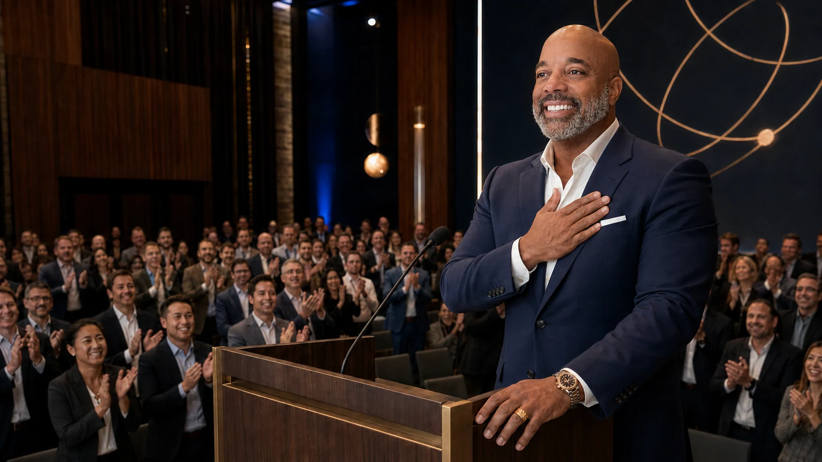 Brett Penager at a lectern — brand image