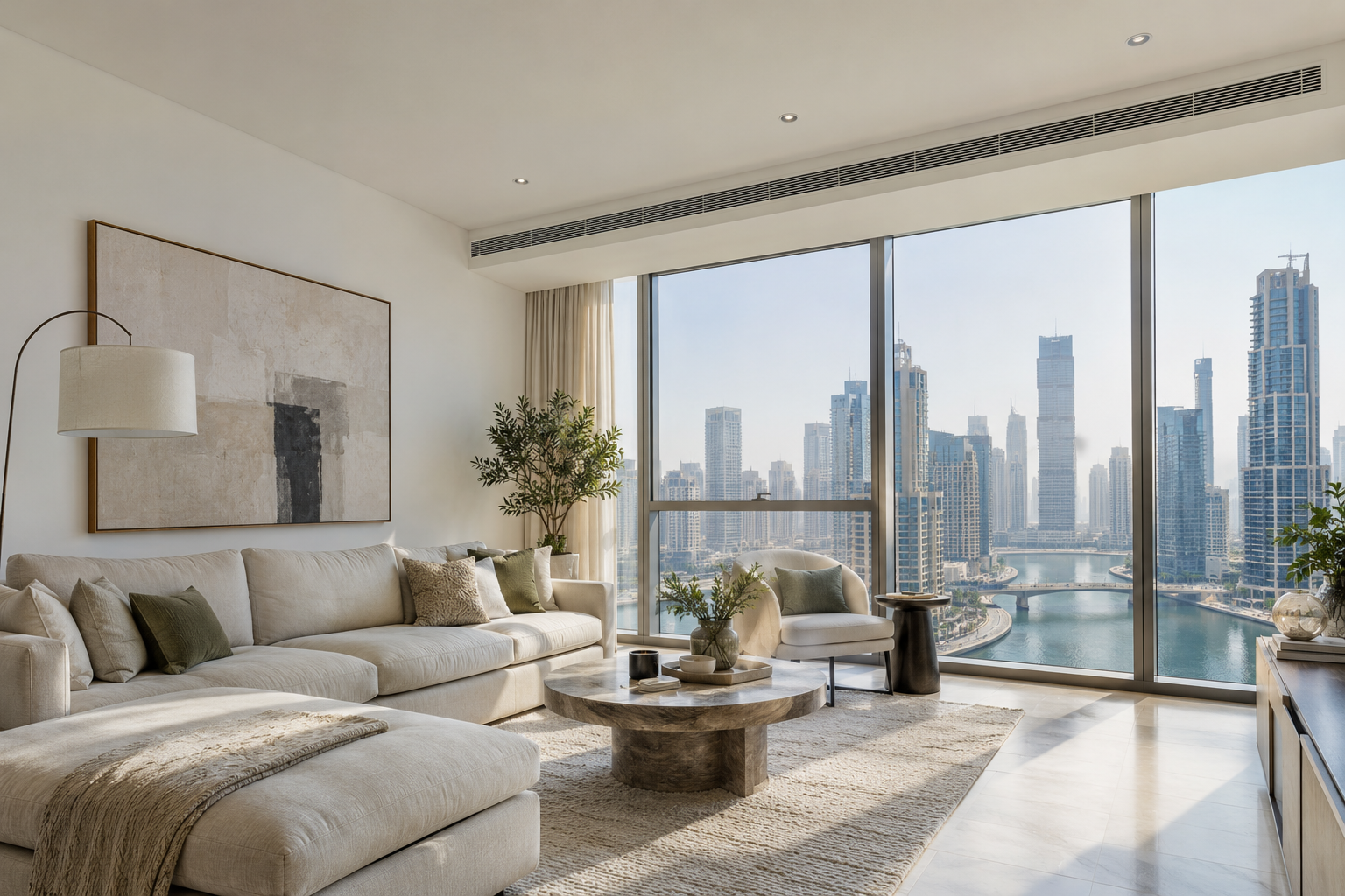 An illustrated bright contemporary Dubai apartment interior with central air conditioning and city views