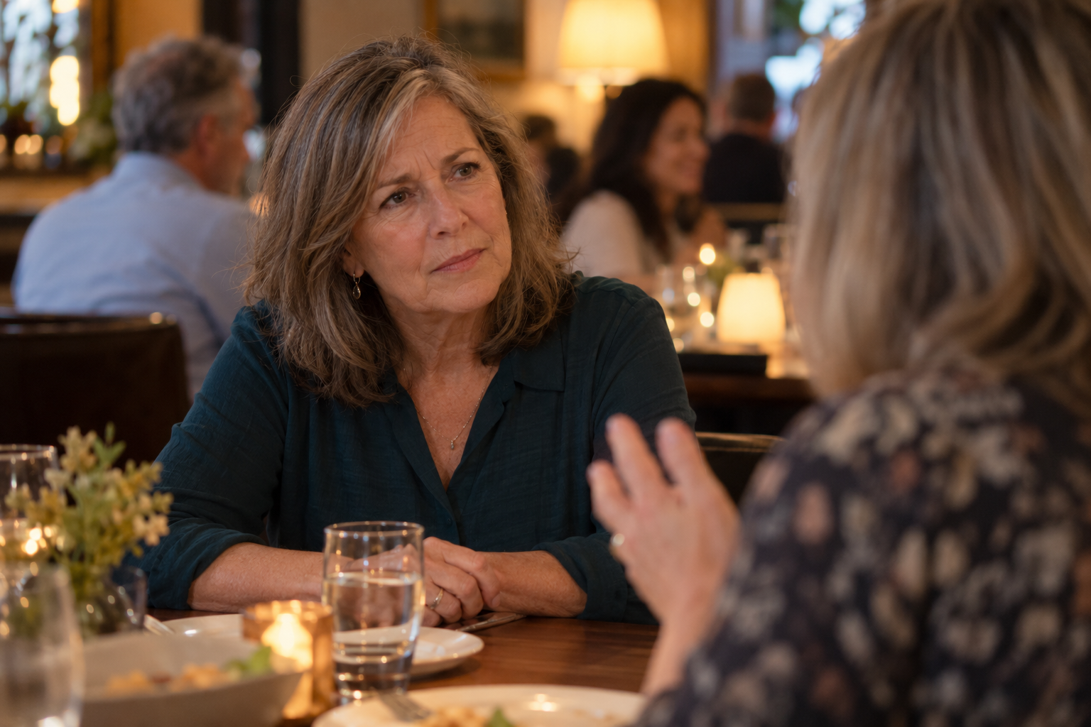Illustration of a woman concentrating on a conversation in a restaurant
