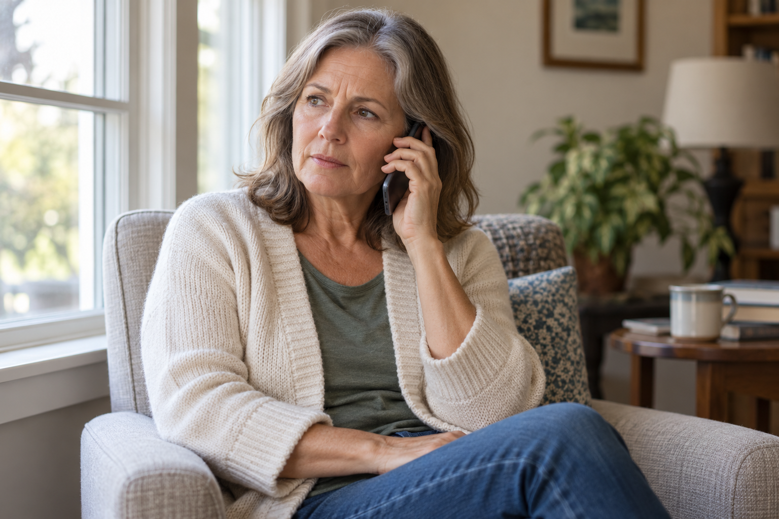 Illustration of a woman concentrating while listening during a phone call