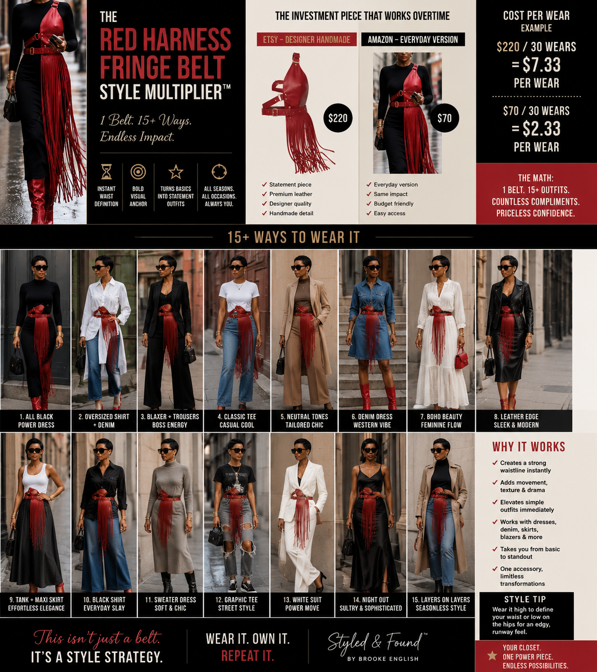 Styled & Found™ capsule wardrobe concept featuring the red leather harness