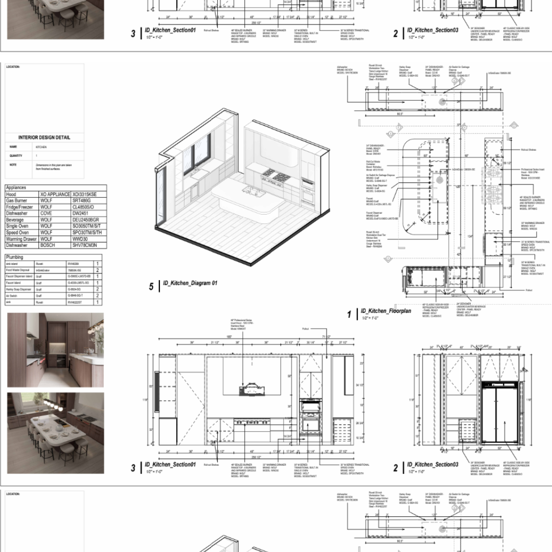 Detailed specification: the kitchen shop-drawing sheet with plan, elevations and appliance schedule