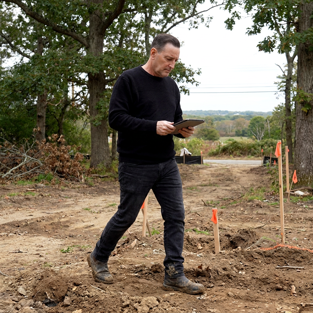 Site investigation: walking a cleared, staked building lot with a tablet before any design begins