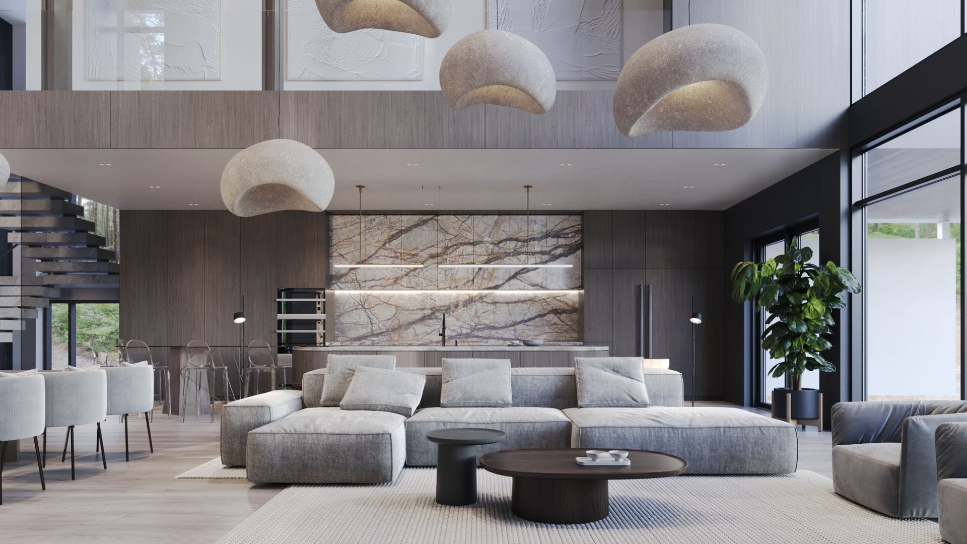 A photoreal 3D walk-through of a living room, every finish placed as a real product