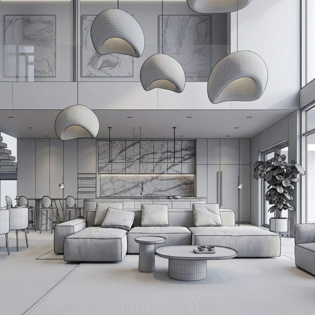 Interior concept development: the massing model of the living space, rooms and light before finishes