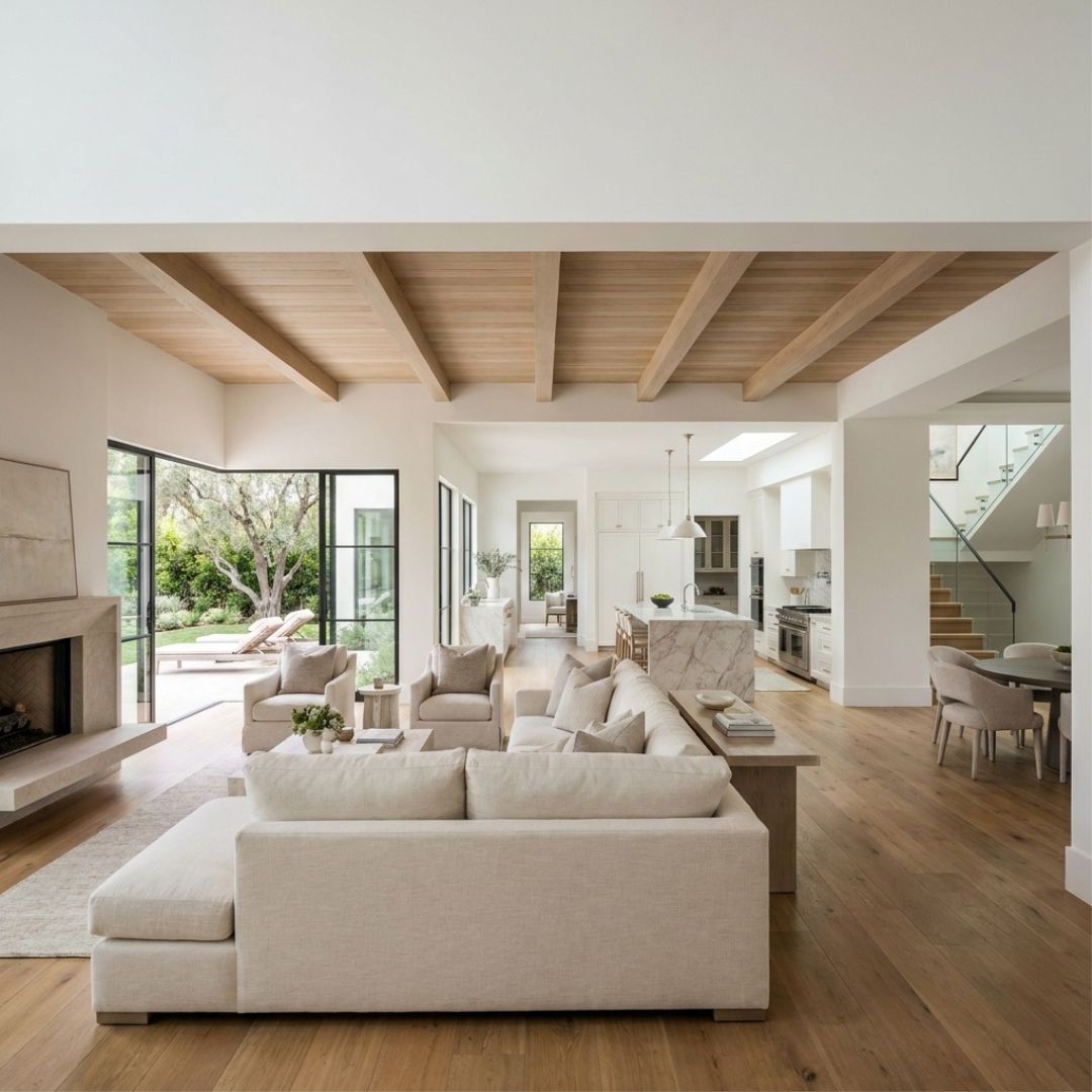 An open whole-home renovation: living room, kitchen and stair under white oak ceiling beams, steel doors to the garden