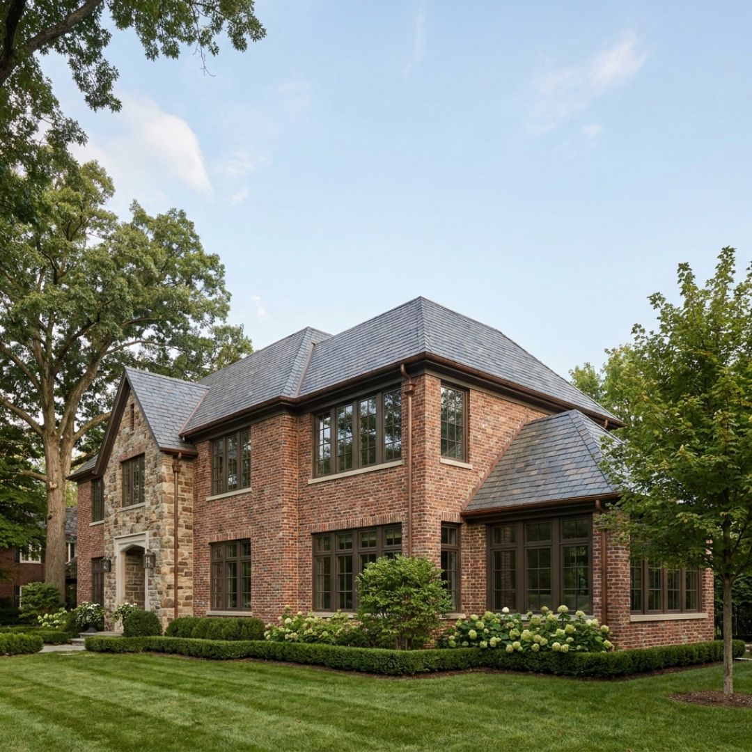 A brick and stone home with a new side wing and rear addition under a matching slate roof
