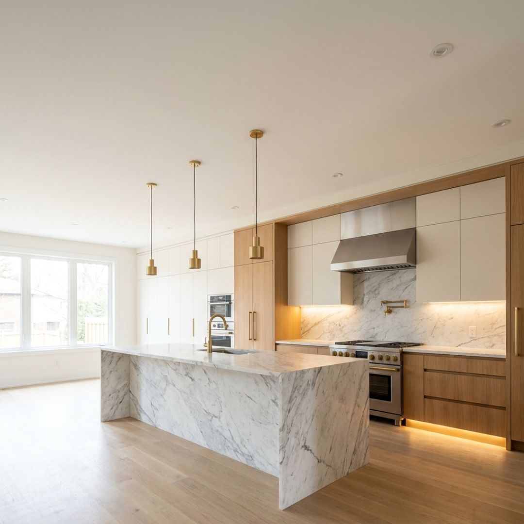 A renovated kitchen: white and white-oak cabinetry, a marble island, brass pendants over the island