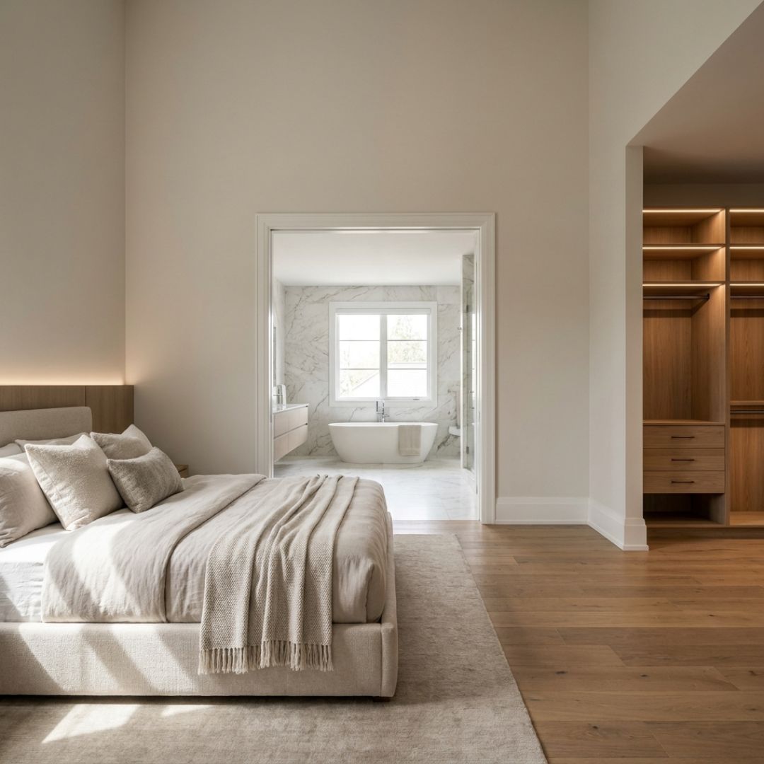A primary suite: the bedroom opening onto a marble bath with a freestanding tub and a lit walk-in closet