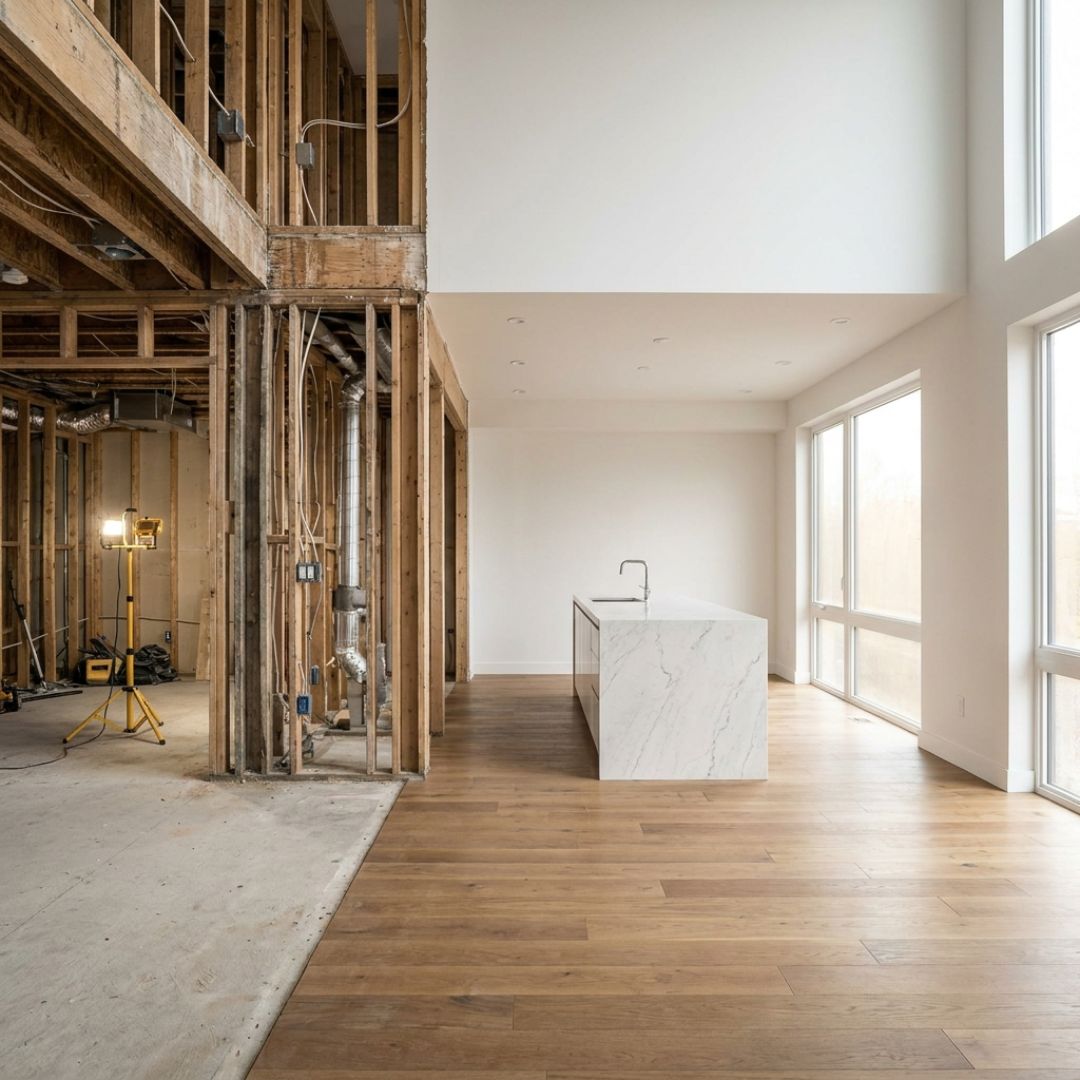 A gut renovation half-way through: one side still open to the studs, the other finished with white oak floors and a marble island