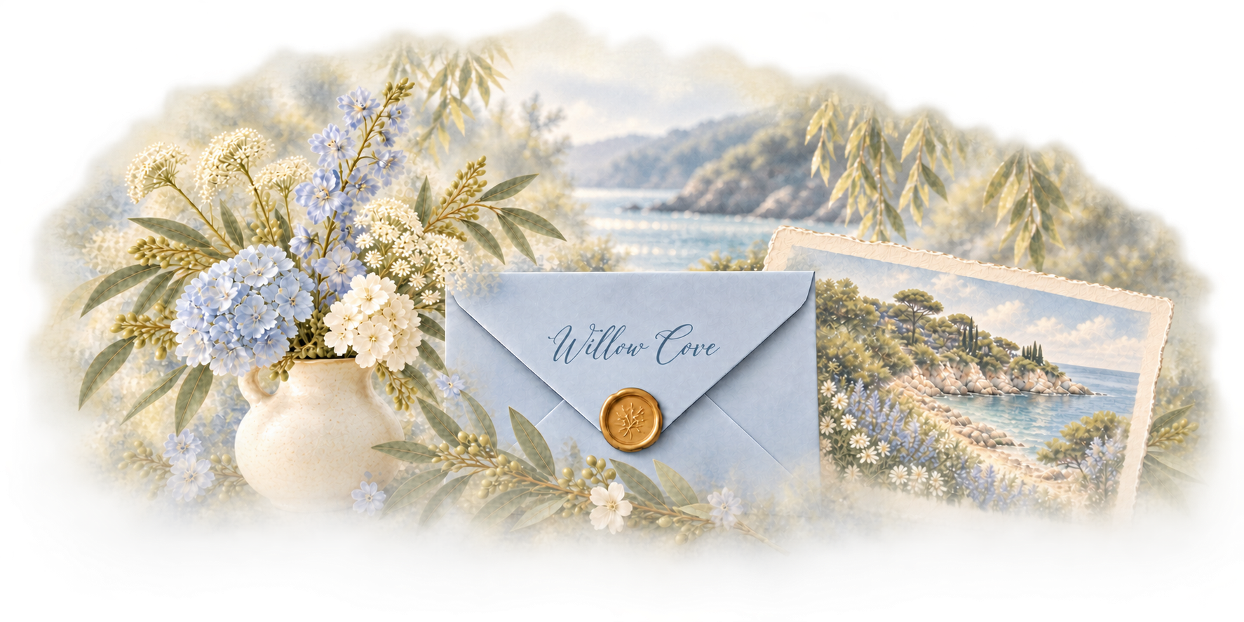 A sealed porcelain-blue letter with flowers and a glimpse of Willow Cove