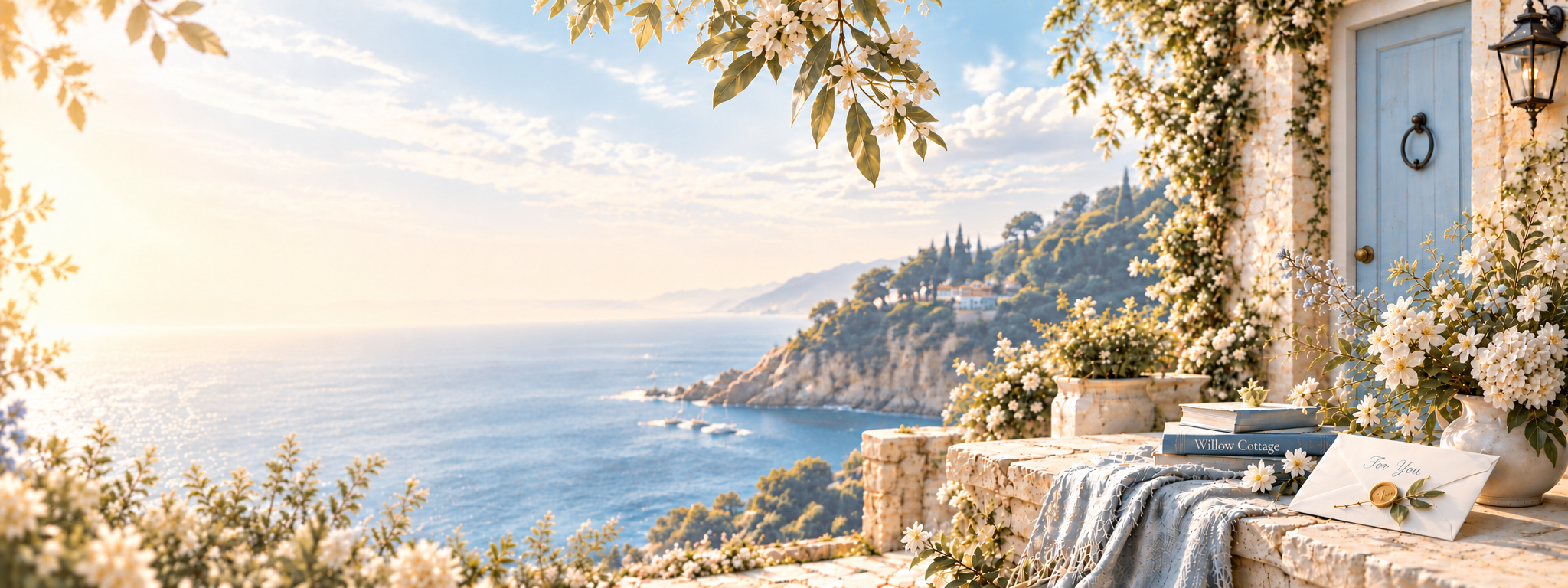 A sunlit seaside terrace, a pale-blue cottage door, white flowers, and a sealed envelope addressed For You