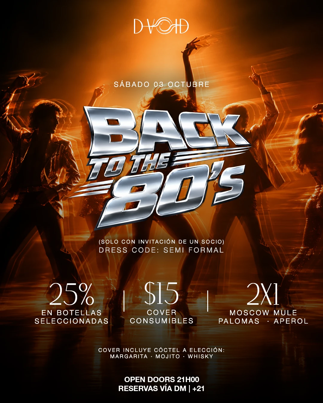 Back to the 80's, sábado 3 de octubre. Solo con invitación de un socio, dress code semi formal. Cover $15 consumible, 25% en botellas seleccionadas y 2x1 en Moscow Mule, Palomas y Aperol.