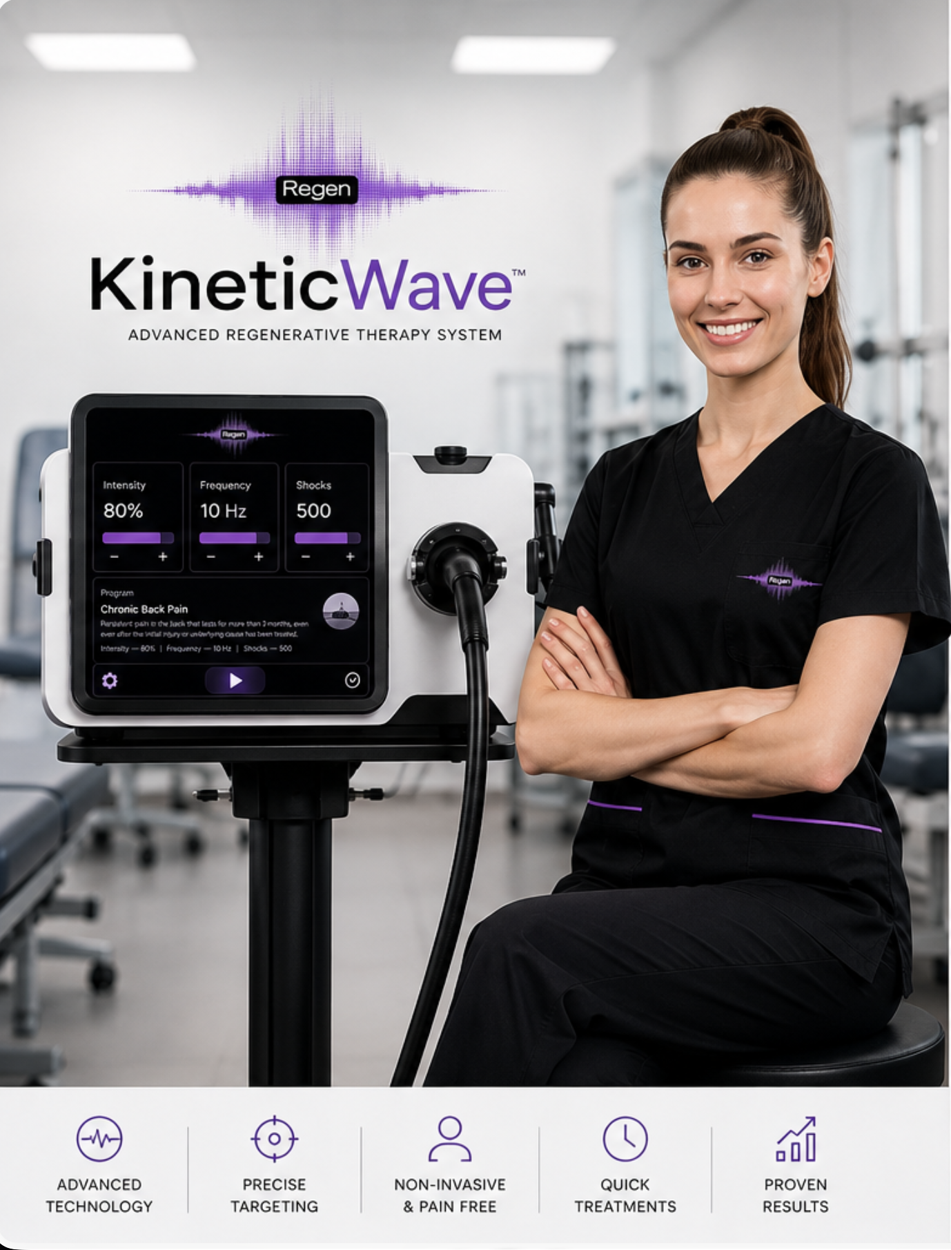 KineticWave system with Regen branding and purple clinical interface