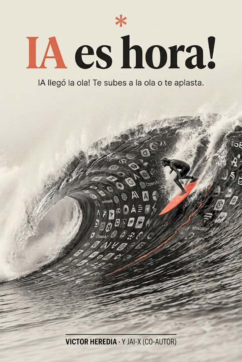 Portada del libro IA es hora!: un surfista remonta una ola gigante hecha de íconos de apps