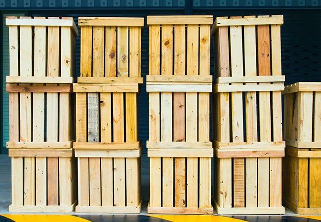 Wood crates stacked at a loading dock