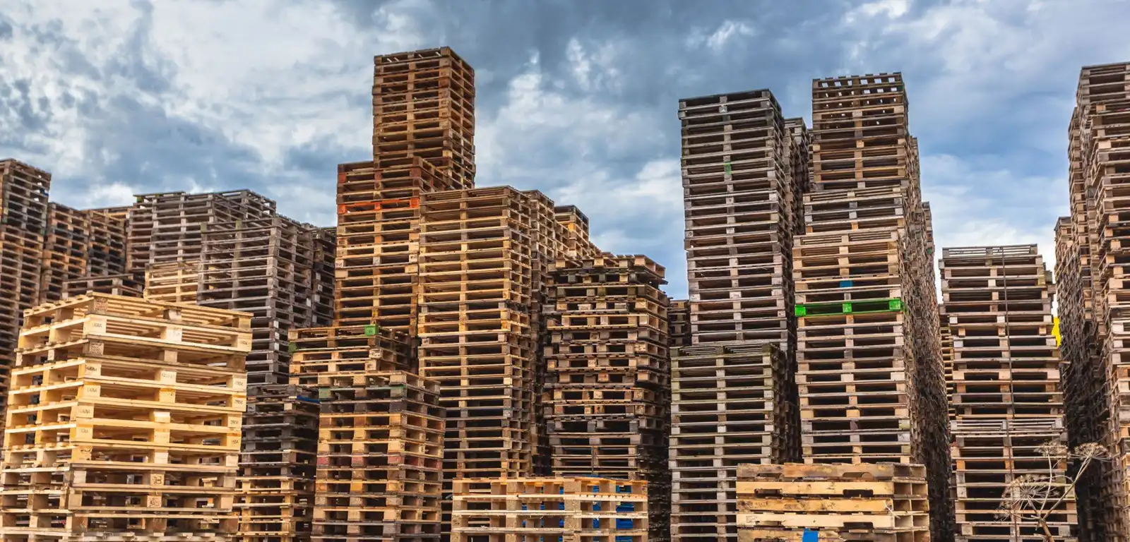 Stacks of wood pallets in a pallet yard under a blue sky