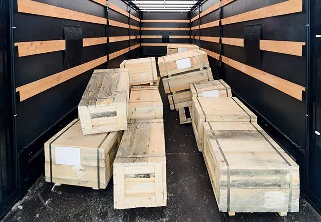 Wood crates loaded inside a dry van trailer