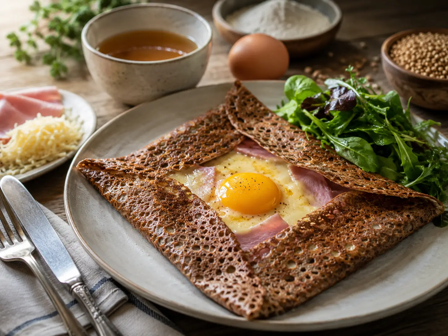 Galette complète au sarrasin avec œuf, jambon et fromage chez La Sarrasine à Versailles