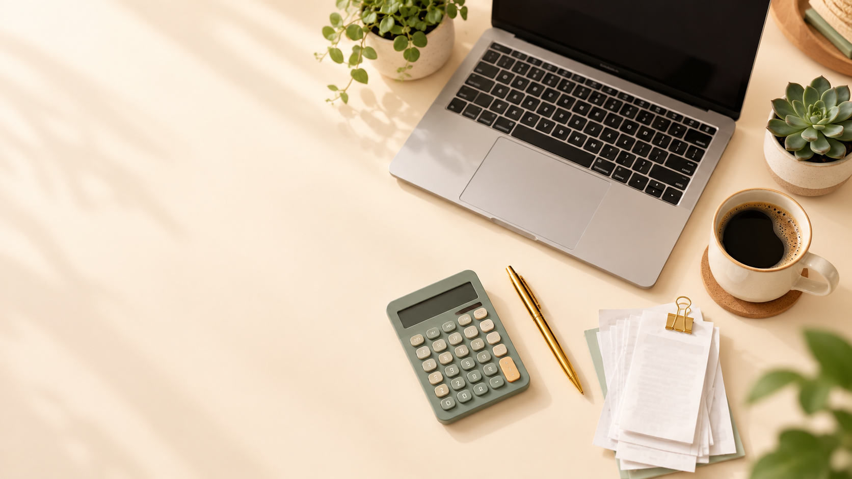 Clean bookkeeping workspace with a laptop and financial papers