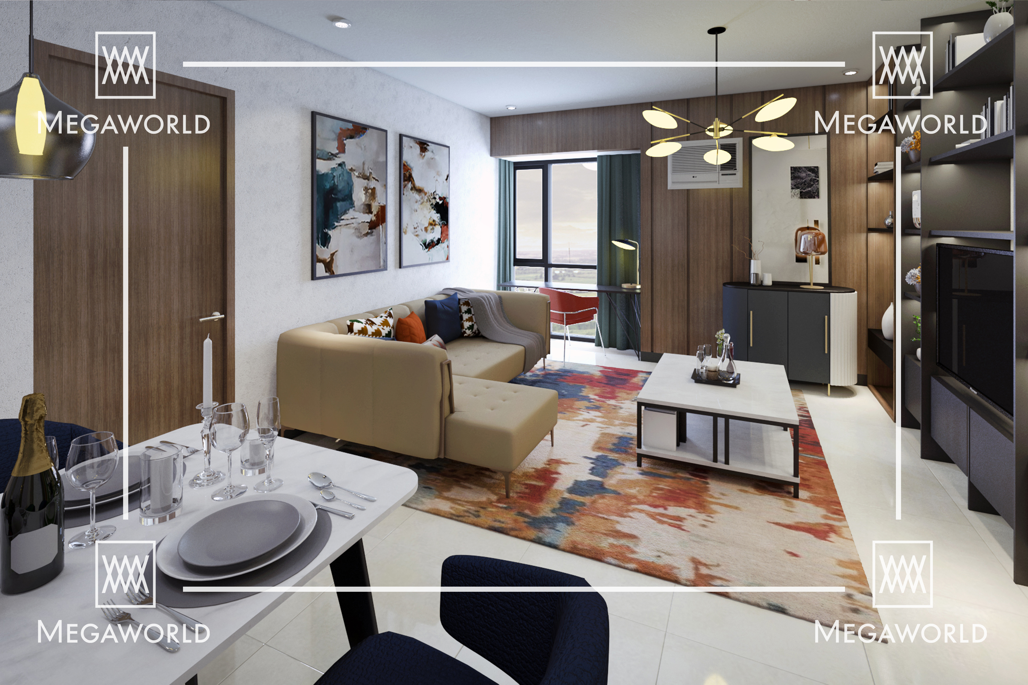 9 Central Park 1-bedroom living and dining room render, Northwin Global City, Bulacan