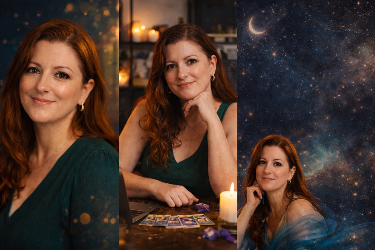 Kellie James at her reading table with tarot cards and candle