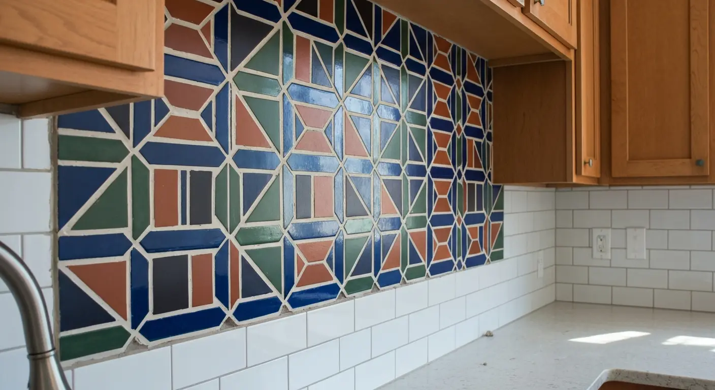 Geometric mosaic tile backsplash