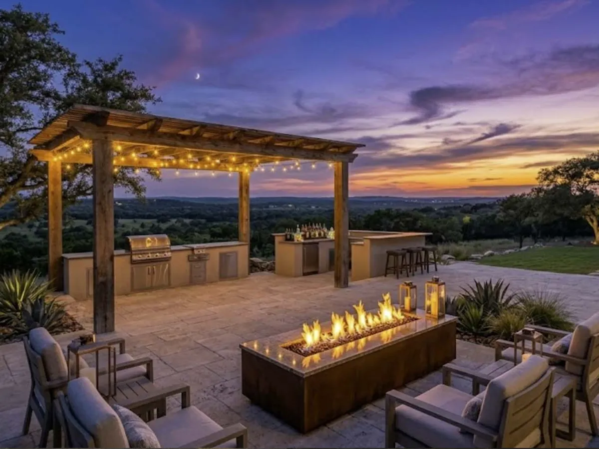 Outdoor water feature with stone detailing