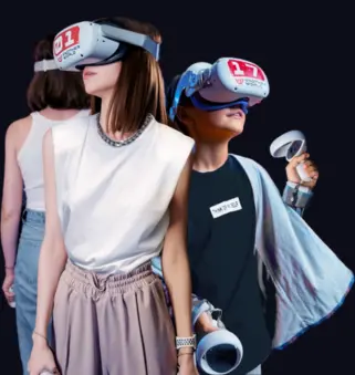 three people wearing virtual reality headsets with another world vr logo