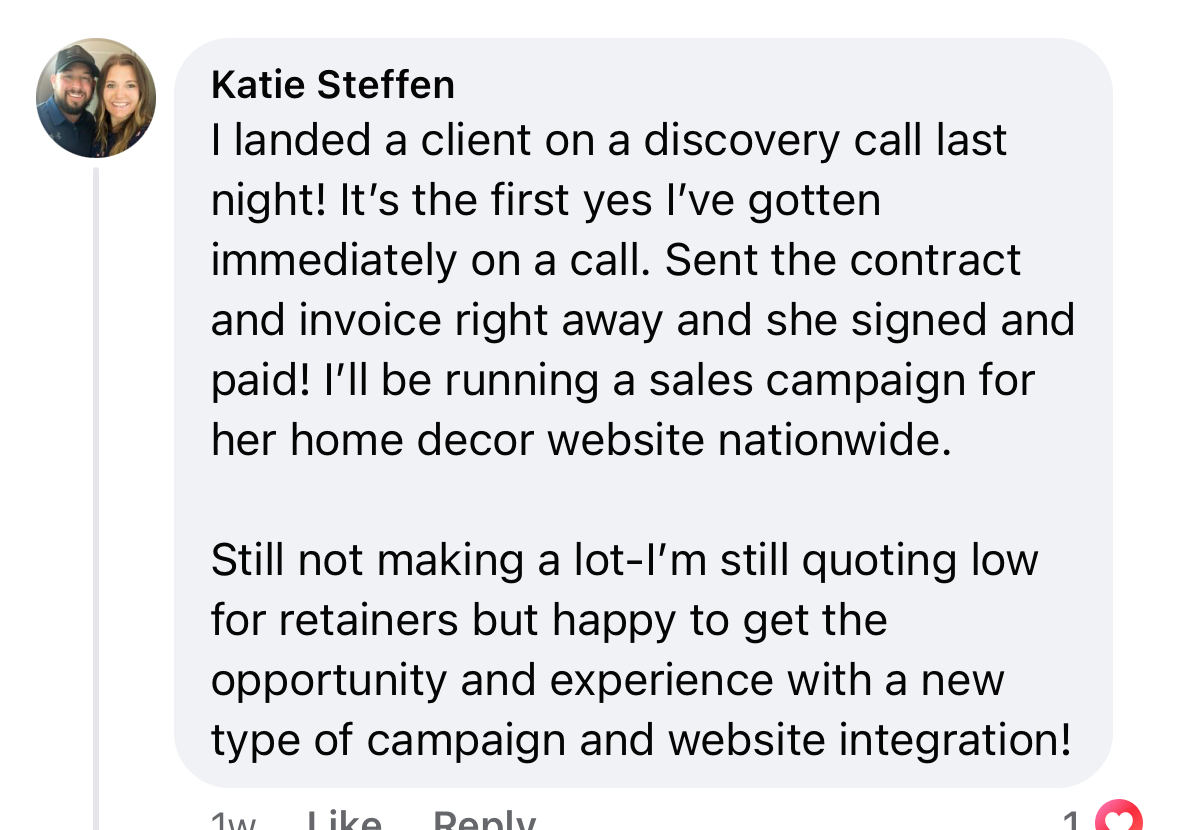 Katie landed her first client