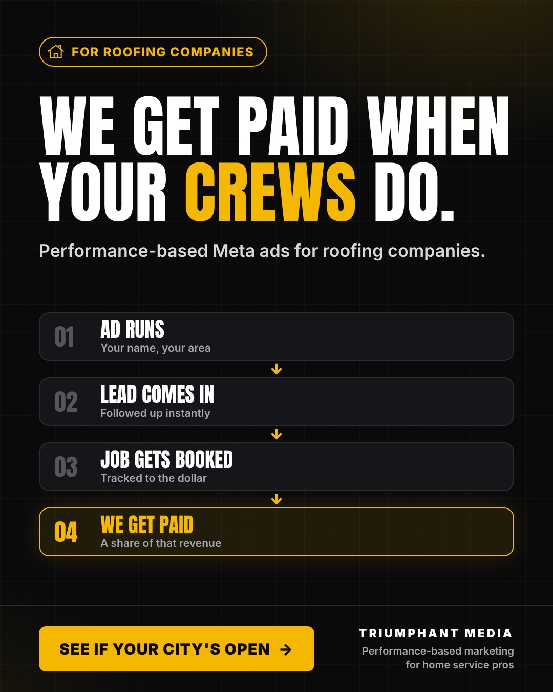 We get paid when your crews do - Triumphant Media ad for roofing companies